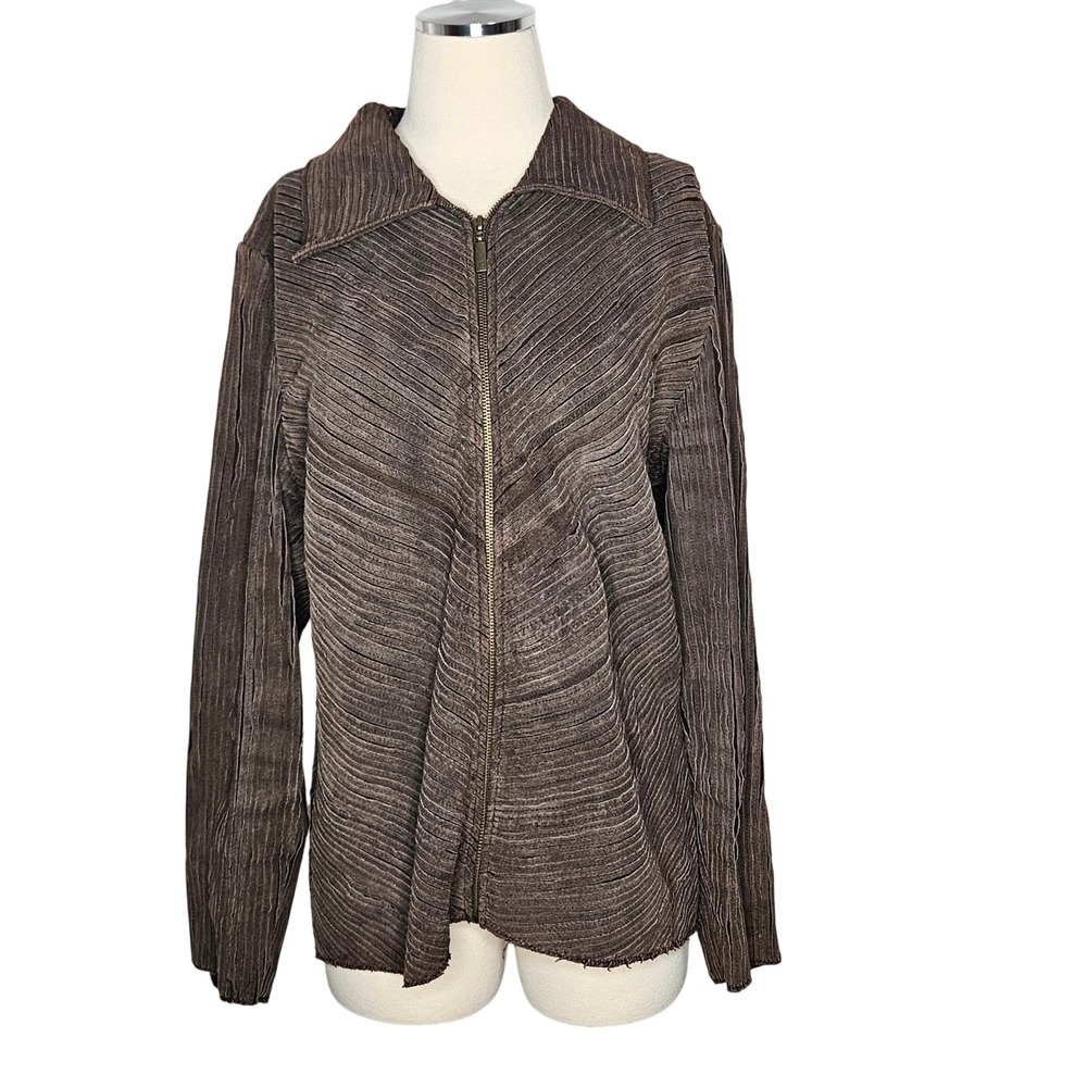 Bamboo Traders Brown Pleated Leather‎ Zip Jacket Boho Y2K Western Women's XL